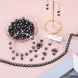 OIIKI 250PCS Round Star Pattern Beads for Jewelry Making, 0.15 x 0.26 in Black Flat Disc Acrylic Star Loose Beads for DIY Crafts, Bracelets, Necklace (Black Bead, White Star)