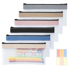 WATUNID 6 Pcs Clear Pencil Pouch, Small Pencil Case with 60Pcs Label Stickers, Waterproof Pen Holder with Zipper, Frosted Travel Storage Pouch, Multi-Purpose Pencil Bag for School Home Office Supplies