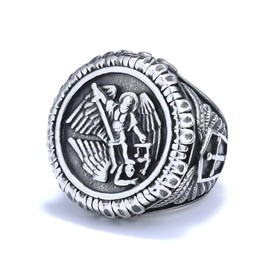 St Michael Ring for Men, Vintage Cross Shield Ring, Viking Angel Wings Ring, Saint Michael the Archangel Ring, Religious Amulet Ring, Punk Christian Faith Jewellery, NO