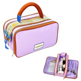 Large Capacity Makeup Cosmetic Toiletry Bags - Portable Organizer with Stylish Plaid Color - Blocking, Ideal for Travel & Storage，Purple
