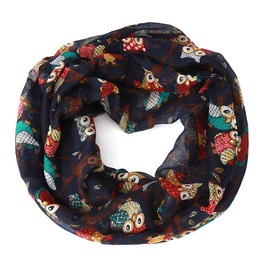 Women Ladies Girls Soft Lightweight Cartoon Owl Sheer Scarf Casual Scarf Wrap (Dark Blue), dark blue