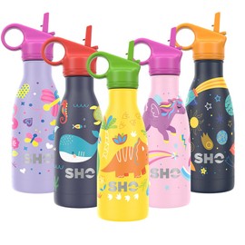 SHO Kids Bottle - Original 2.0 - Ultimate Insulated, Double Walled Stainless Steel Vacuum Flask & Water Bottle - 12 Hours Hot & 24 Hours Cold - 260ml - BPA Free (260ml, Dinosaur with Straw Lid)