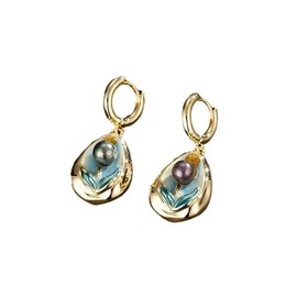 Jardin de Tulipes 14K Gold Plated Enamel Drop Earrings with Natural Baroque Pearl, Perfect Flower Earrings for Women, Art Gifts for Women, Floral Jewellery, Artsy Earrings for Women