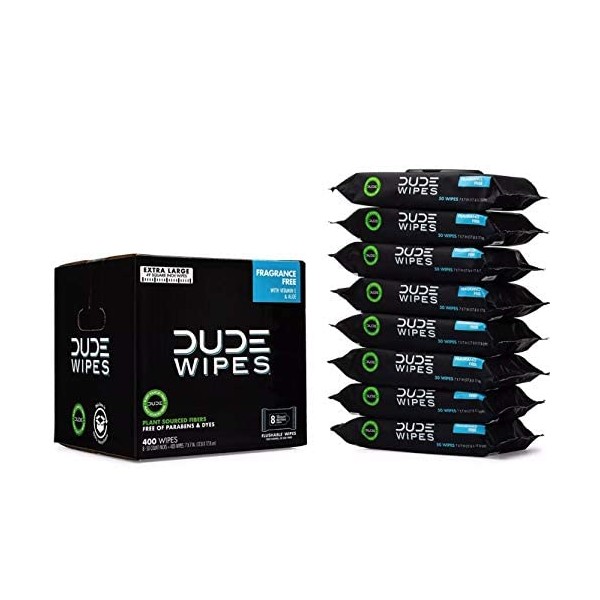 DUDE Wipes Flushable Wet Wipes Dispenser (8 Packs, 50ct Wipe Per Pack), Fragrance Free & Unscented Extra Large Wet Wipes with Vitamin-E & Aloe, for at-Home Use, Septic and Sewer Safe