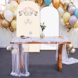 10ft White Lace Tablecloth with Pearl Table Runner , 29.5x120 Inch Tulle Chiffon Fabric for Wedding Decor, Birthday Party Dining Table Cover（6Pcs White）