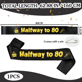 40th Birthday Decorations Sash for Women - Black and Gold Halfway to 80 Glitter Satin Sash, Happy 40 Years Old Birthday Party Decoration for Fabulous Men
