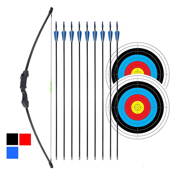 Mxessua 45" Recurve Bow and Arrows Set Outdoor Archery Beginner Gift Longbow Kit with 9 Arrows 4 Target Face Paper 18 Lb for Teens Black