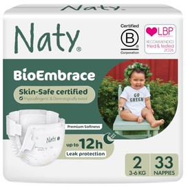 Naty BioEmbrace Baby Newborn Nappies | Sensitive Skin Safe Certified | Leak Protection up to 100% | Plant-Based Teddy Softness, Premium Comfort | Chlorine-Free | Size 2 (3–6kg), 33 Count