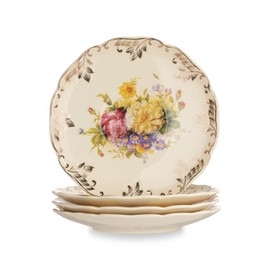 YOLIFE Ivory Vintage Floral Tea Saucers Set of 4, 5.8 inch with Gold Leaves Trim – Beautiful Porcelain Tea Plates for Cups, Ideal for Tea Parties