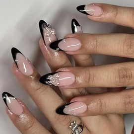 Black French Tip Press on Nails Medium Almond Fake Nails Clear 3D Bow Glue on Nails Glossy Nude False Nails with Design Pearl Stick on Nails Artificial Acrylic Nails for Women Girls Manicure 24pcs