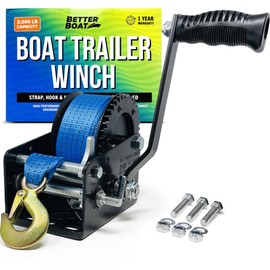 Boat Trailer Winch with Strap Hook, Manual Hand Heavy Duty Winch, One-Speed Ratchet Gear, 2000 lb for Towing Cars, Trucks, and Trailers