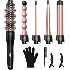 Lopeie 5 in 1 Wand Curling Iron Set, Hair Styling Tools with Thermal Brush and 4 Interchangeable Ceramic Barrels from 1/2 to 1 1/2 inch, Fast Heating, Dual Voltage Hair Curler, Gifts for Women