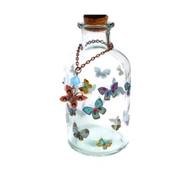 Whimsical Decorative Refillable Large Glass Bottle with Cork Top Colorful Butterflies Hand Painted Accents Crystal Rhinestones Butterfly Bohemian Bedroom Powder Room Decor