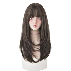 URCGTSA 25 Inches Long Straight Wig with Bangs Cold Brown Wig Heat Resistance Layered Synthetic Wigs for Women(Cold Brown)