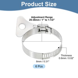 sourcing map 6Pcs Stainless Steel Hose Clamps Worm Gear Hose Clamp, 25-38mm (1" to 1-1/2") Adjustable Thumb Screw Key Type Clamps Fuel Line Clamps 8mm Bandwidth for Plumbing, Automotive