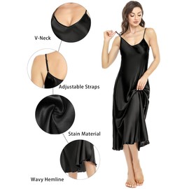 Lovasy Satin Nightdress for Women UK Long Negligees Strap Chemise Silk Nighties for Women V Neck Full Slips Sleepwear Nightwear,Black,XXL