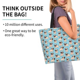 Qdoepfl Dog Pug Tote Bag For Womens, Large Casual Shoulder Sling Bags Reusable Grocery Handbag For Travel Shopping Gym