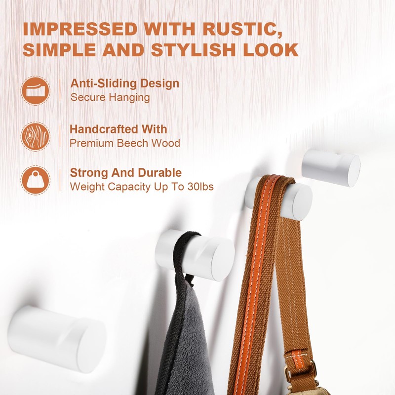 bsdonte Wood Wall Hooks, 4 Pack White Decorative Coat Hooks