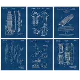 Vintage Surfboard Patent Prints, 6 (8x10) Unframed Photos, Wall Art Decor Gift for Home Office Work Garage Shop Beach Cabin Lodge College Student Teacher Coach Surfing Hawaii Ocean Surf Waves Fan