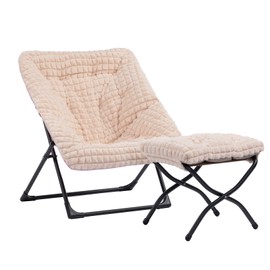 HollyHOME X-Large Saucer Chair with Foldable Ottoman, Comfy Oversized Folding Chair and Folding Footrest Stool Set, Faux-Fur Reading Chair and Footstool for Living Room, Champagne Pink Chair&Stool