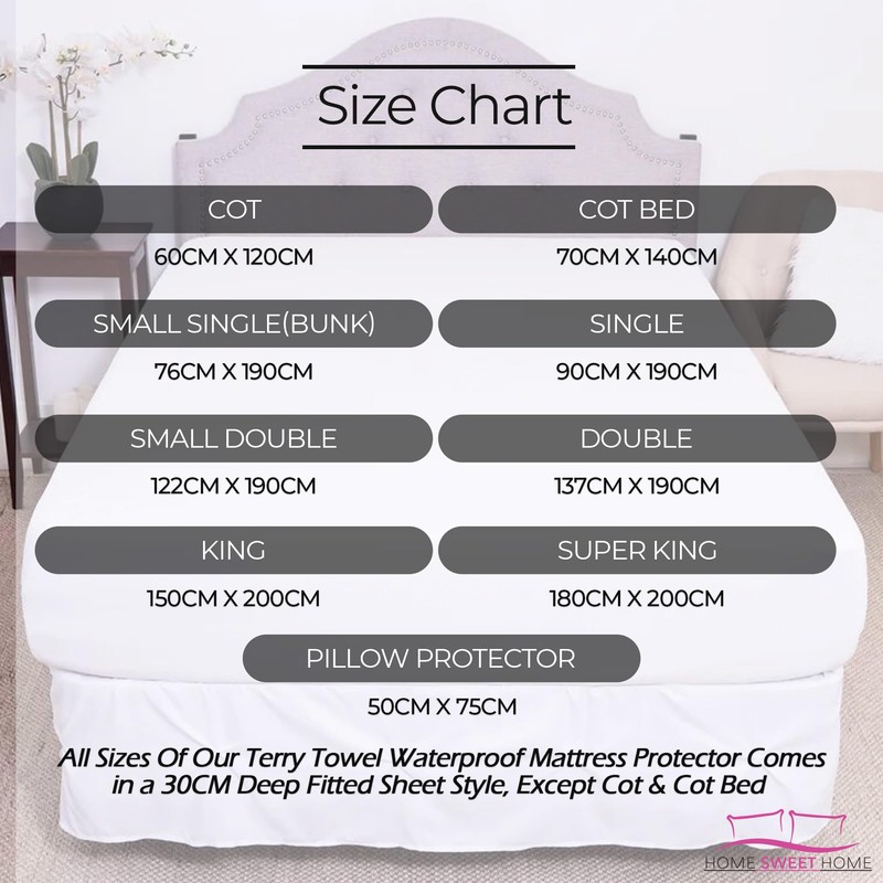 Home Sweet Home UK 30CM 12” Deep Terry Towel Waterproof