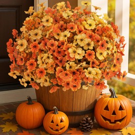 RICHMYC Artificial Fall Flowers for Outdoors Faux Flowers for Planters, 12 Bundles Fake Mums Orange Flowers with Eucalyptus Leaves for Fall Yard Window Porch Patio Garden Home Decoration