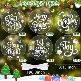 CCINEE 12pcs Christmas Tree Ornaments,3 Inch Clear Round Acrylic Disc Decorations Sparkle Hanging Tags with 6 Designs for Christmas Party Hanging Decor DIY Crafts Gift Stocking