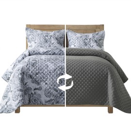Elegant Comfort 3-Piece Boho Quilted Reversible Floral Paisley Bedspread Coverlet Set with Pillow Shams, Premium Stitching All Season Heavy Weight-Ultra Soft Luxury Quilt- Queen, Gray