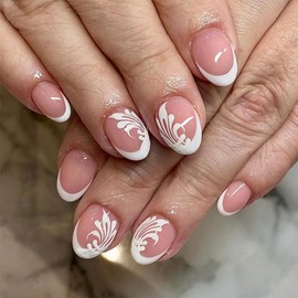 Floral Press on Nails White French Tip Fake Nails Extra Short Almond Nails Press ons with Designs Squoval False Nails Full Cover Glossy Glue on Nails Stick on Nails for Women Manicure 24 Pcs