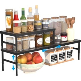 HI NINGER Set of 2 42-72 cm Expandable Cabinet Shelves, Kitchen Organiser Adjustable & Stackable, Spice Rack for Kitchen Cabinet, Worktop & Pantry (Black)