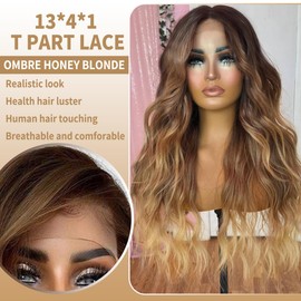 YUPEWG Ombre Honey Blonde 13x4x1 Synthetic Lace Front Wig Pre Plucked Wigs for Women Ready to Wear HD Glueless Natural Wavy Middle Part Wig