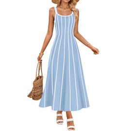 ZESICA Womens 2025 Summer Sleeveless Striped Midi Dresses Casual A Line Swing Knit Long Dress Beach Vacation Clothes,Blue,Small