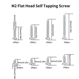 800 Pcs M2 Self Tapping Screws, Small Wood Decking Screws, Tiny Concrete Screws, Cross Drive Flat Head Fastening Screws with Plastic Box for Home DIY - 4/5/6/8/10/12/16/20 mm