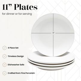 Vikko Dinner Plate, Set of 4 White Plates, Ceramic Dinner Plates Set, Stackable 11 Inch Extra Large Dinner Plates for Every Day and Special Occasion, Restaurant Style, Dishwasher Safe, Microwave Safe