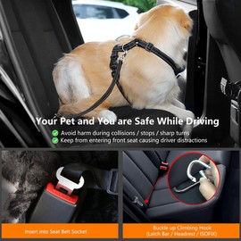 VavoPaw Dog Seat Belt Harness for Car, Dog Car Harness Adjustable Mesh Breathable & Dogs Seatbelt Safety Tether with Elastic Bungee for Small Medium Large Pets(Carbon Black, L)