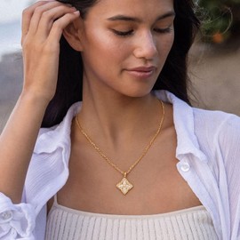 GNIRTSI Gold Necklace for Women Clover Pendant Gemstone Cubic Zirconia 14K Simple Thick Chain Trendy Lucky Jewelry - White Mother of Pearl