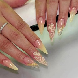 24 Pcs Flower Press on Nails Almond Long Designs, Diamond Glitter French Fake Nails with Nail Gel Glue, Fashion Stick on Nails for Women, Medium False Nails for Nails Art Gifts