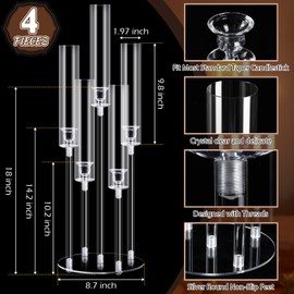 Barydat 4 Pcs Acrylic Candelabra Centerpieces Clear Candle Holder Crystal 5 Arm Candlesticks Holder with Acrylic Shade Pillar Taper Candlestick for Wedding Dinner Party Fit 0.87" LED Candle (Clear)