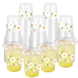 ZCPTZ 100 Pcs Daisy Party Plastic Cups 12 oz Disposable Daisy Theme Drinking Cups Retro Boho Hippie Groovy Daisy Flower Cups for Spring Birthday Party Baby Shower Party Supplies