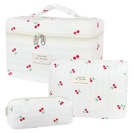 3Pcs Cotton Quilted Makeup Bag for Women Girls, Large Floral Cosmetic Bag Set Cute Makeup Brushes Aesthetic Accessories Storage Bag Cherry Travel Toiletry Bag Organizer