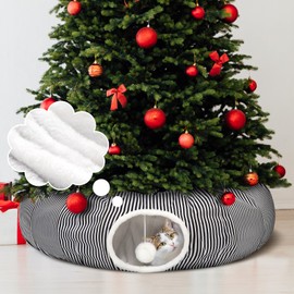 Soulchen Christmas Cat Tunnel Bed 3FT x 3FT x 9.8IN Cat Cave Donut Under Christmas Tree Collapsible Tunnel Tube for Indoor Cats Hide Place for Rabbit, Ferret, Puppy (Striped Black)