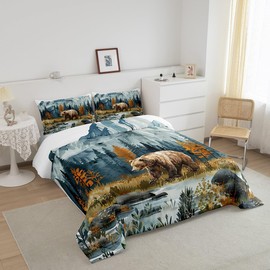 Bear Comforter Set King Size,Hunting Animal Theme Bedding Set for Kids Boys Girls Room Decor,Tree Woodland Mountain River Duvet Insert 3Pcs,Nature Scenery Vintage Rustic Quilt Set,2 Pillowcases
