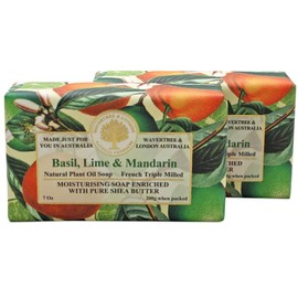 Wavertree & London Basil Lime & Mandarin Scented Natural Soap (2 Bars), 7oz Moisturizing French Triple Milled Soap Bars enriched with shea butter - Pure Plant Oil Bath & Body Soap for All Skin Types