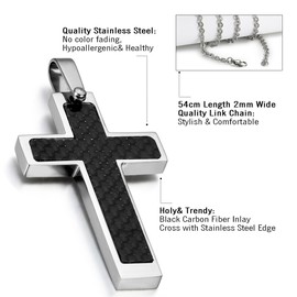 Cupimatch Stainless Steel Carbon Fiber Inlaid Cross Necklace Pendant with 21.3" Chain for Men Women Black Silver