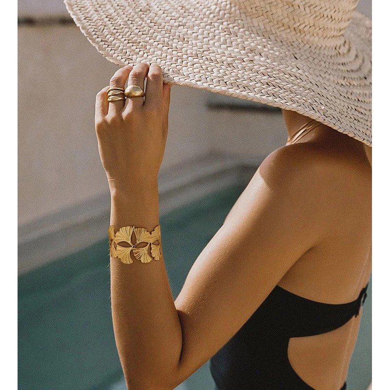 HUAYUNFANG Gold Chunky Cuff Bangle Bracelet For Women Ginkgo Leaf