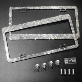 Tchipie 2 Pack Bling Rhinestone License Plate Frames for Women Girl, Bedazzled Sparkly Cute Diamond Car License Plate Frame, Glitter Crystal Tag Frame with Gift Box, Stainless Steel Frame(White)