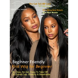 Sunber Yaki Straight Human Hair Bye Bye Knots Pre Cut Lace 7x5 Lace Front Glueless Wig Put On Go Light Yaki Straight Wigs Pre Bleached Invisible Knots 150% Density with Baby Hair 16Inch for Beginner