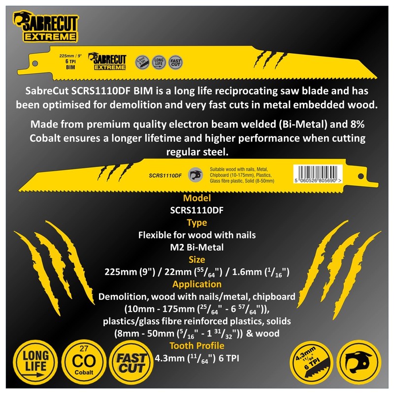 3 x SabreCut SCRS1110DF_3 225mm 6 TPI S1110DF Fast Wood