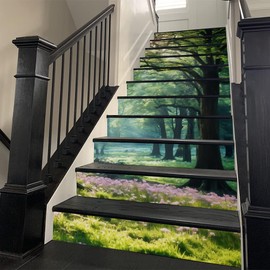 REDAMANCY Fairy Forest Tree Pink Lavender Flowers Peel and Stick Vinyl Stair Riser Decals Staircase Tile Stickers Decor Modern Marble Decoration Self-Adhesive(14 Pcs)