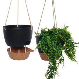 SwinDuck 10 Inch Self Watering Hanging Pots, 2 Pack Hanging Planters with 40oZ Deep Reservior for Indoor Outdoor Plants Flowers, Black with Brown